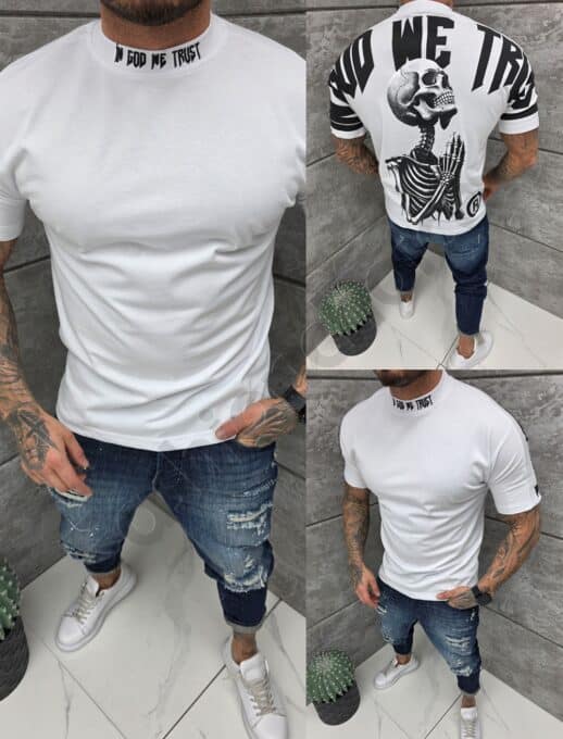 Tricou barbati cu inscris in fata si spate-alb cod 25107-1