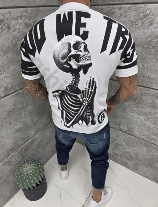 Tricou barbati cu inscris in fata si spate-alb cod 25107-1