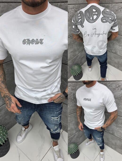 Tricou barbati Oversize cu inscris Chost in fata si spate-alb cod 25103-2