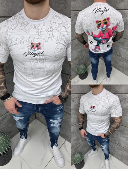 Tricou barbati Pink Panther cu inscris illegal street-alb cod 2070-2
