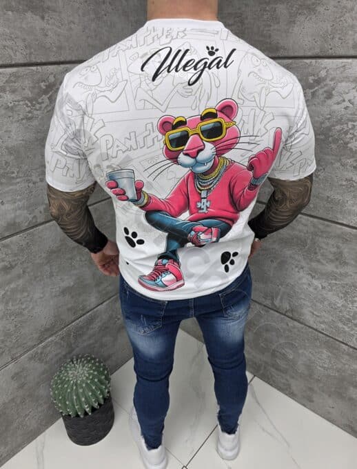 Tricou barbati Pink Panther cu inscris illegal street-alb cod 2070-2