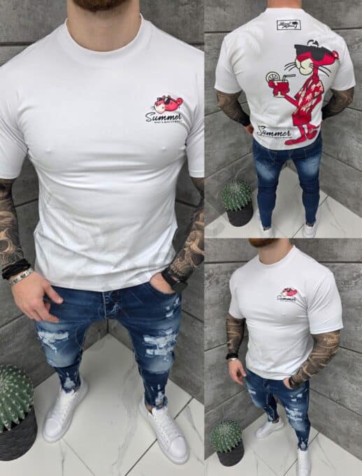 Tricou barbati Pink Panther cu inscris Summer-alb cod 2359-2