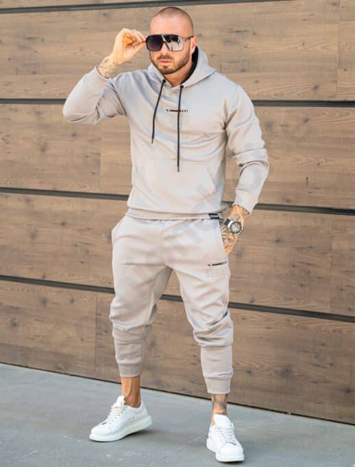 Compleu pentru barbati cu hanorac hoodie si imprimeu-moca cod 6152-1