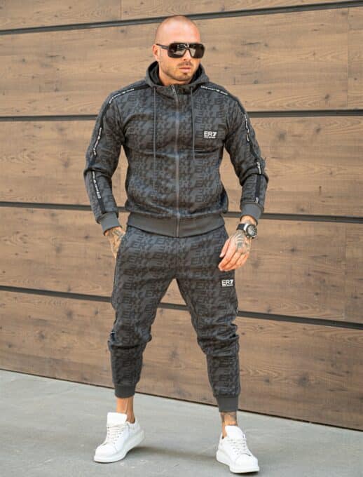 Compleu sport pentru barbati cu banda si imprimeu modern-gri inchis cod 6131
