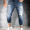 Blugi pentru barbati cu efect rupt si stropi albi-albastru inchis cod 6881
