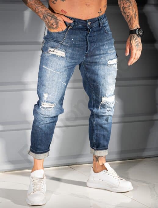 Blugi pentru barbati cu efect rupt si stropi albi-albastru inchis cod 6881