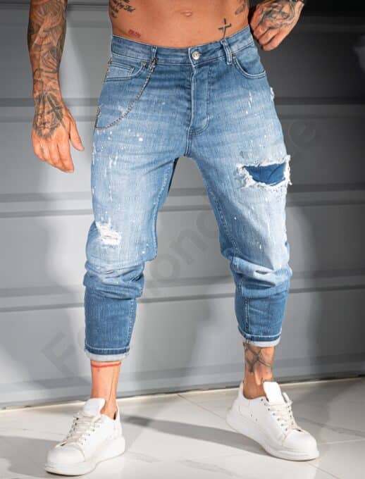 Blugi albastri pentru barbati cu efect rupt si patch-uri din denim cod 6879