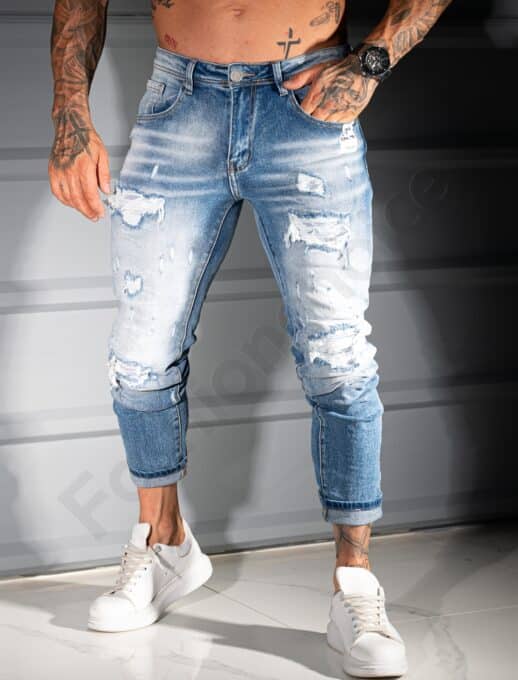 Blugi Skinny Fit pentru barbati cu efect prespalat si rupt-albastru cod 8331