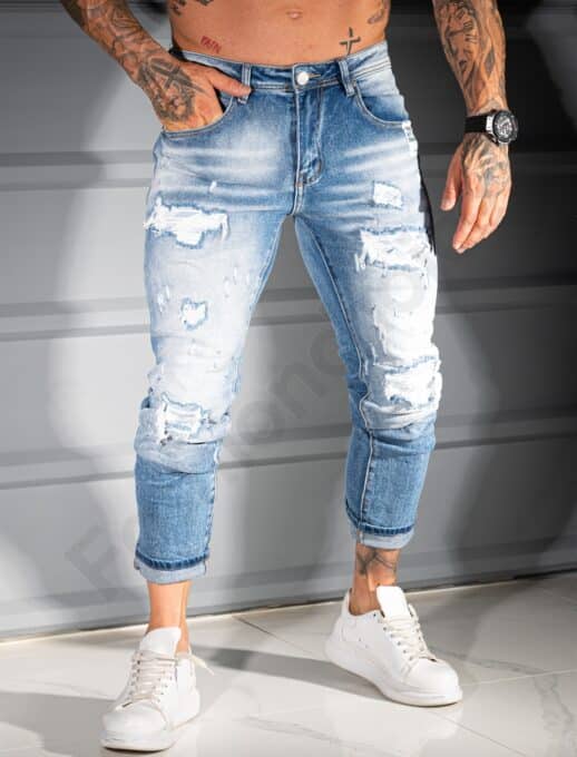 Blugi Skinny Fit pentru barbati cu efect prespalat si rupt-albastru cod 8331