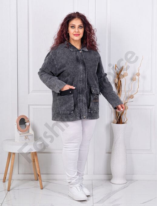 Geaca maxi din denim cu guler si buzunare cod 2610418