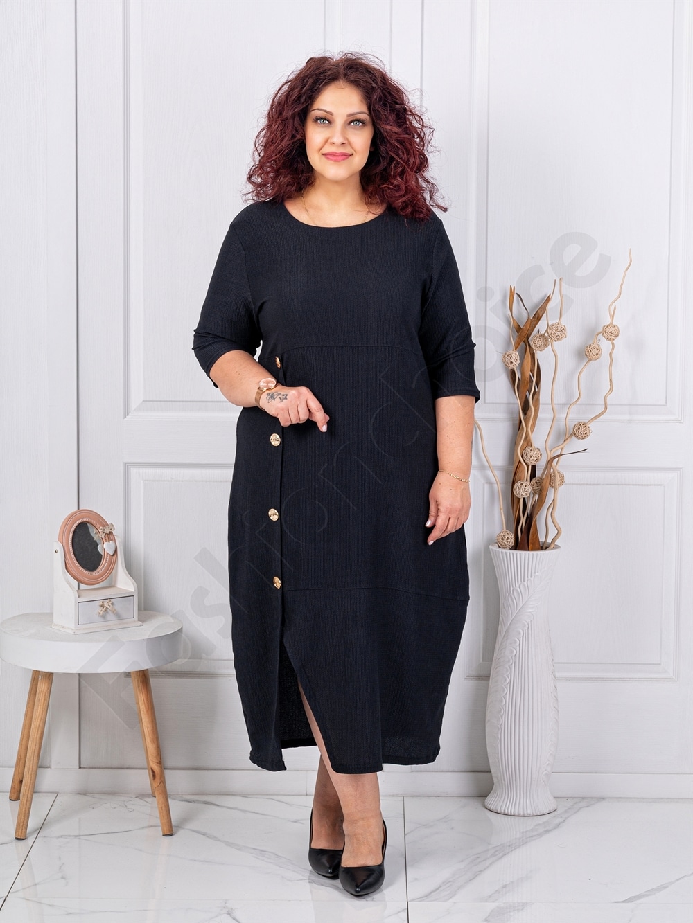 Rochie maxi eleganta din fanta si nasturi aurii-negru cod 1484