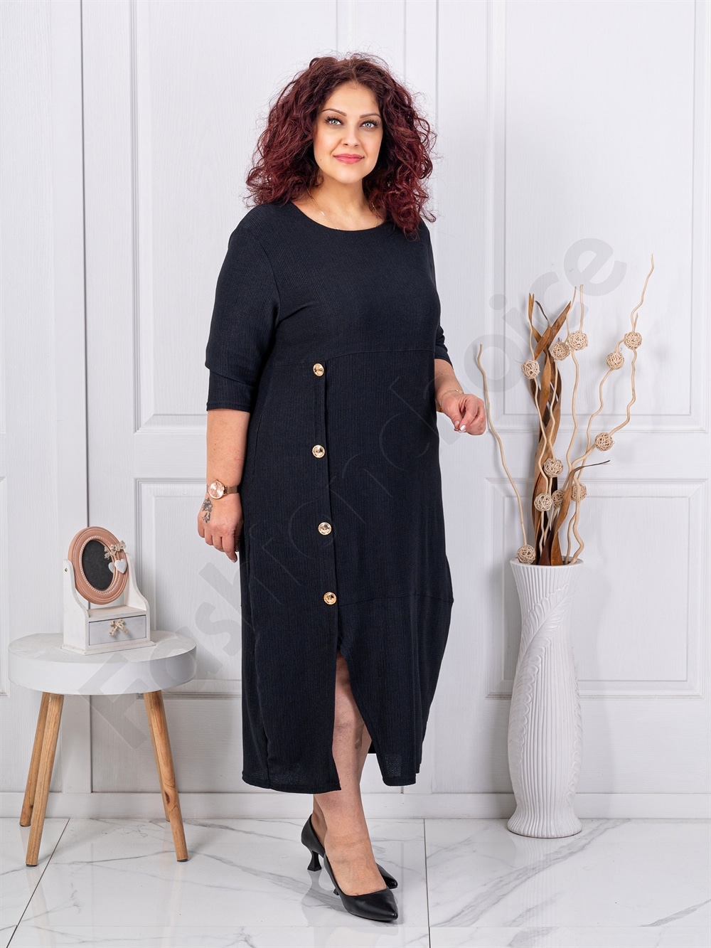 Rochie maxi eleganta din fanta si nasturi aurii-negru cod 1484