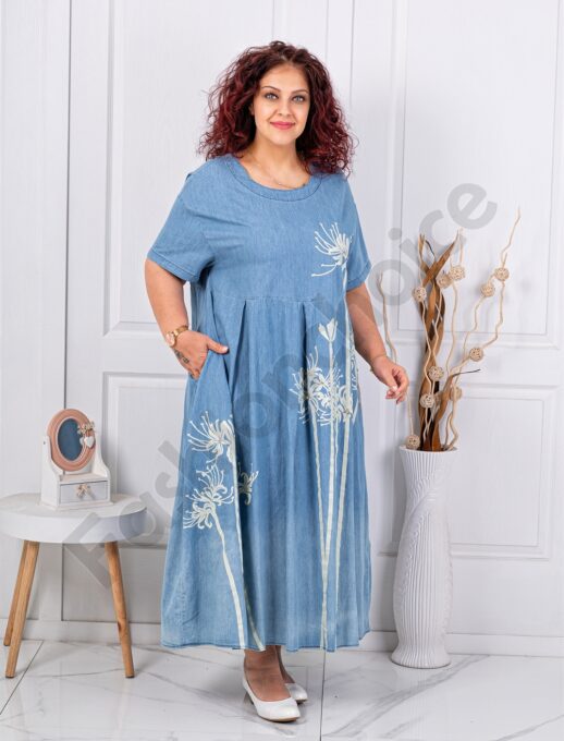 Rochie maxi din denim in clos cu pietricele si flori albi cod 51326