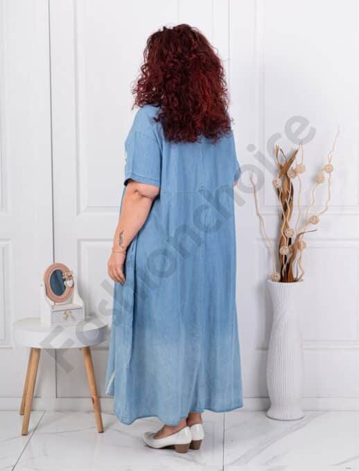 Rochie maxi din denim in clos cu pietricele si flori albi cod 51326