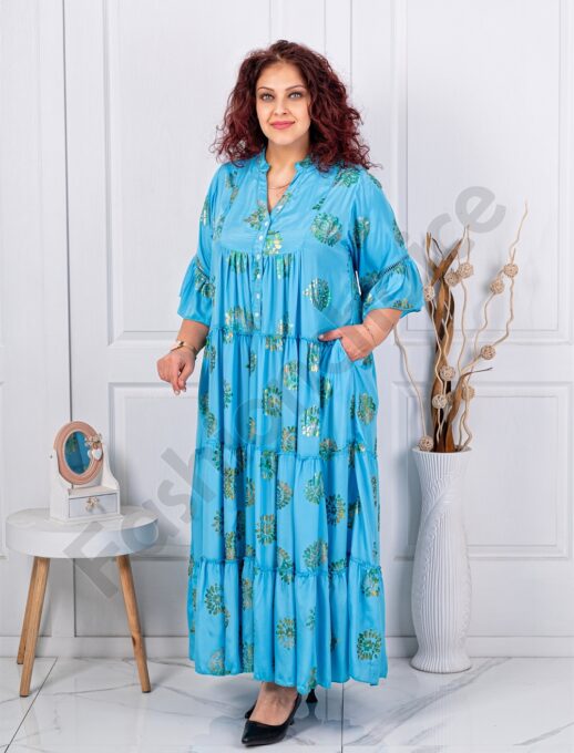 Rochie maxi din matase cu volane in culoare albastru cod 11243