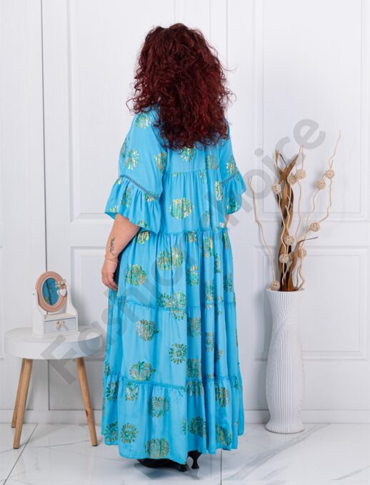 Rochie maxi din matase cu volane in culoare albastru cod 11243