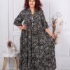Rochie maxi din matase cu volane si imprimeu trandafiri aurii-negru cod P-46