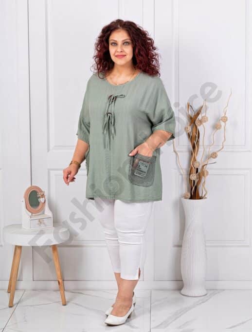 Tunica maxi cu nasturi decorativi din lemn si accente din plasa-kaki cod 9828