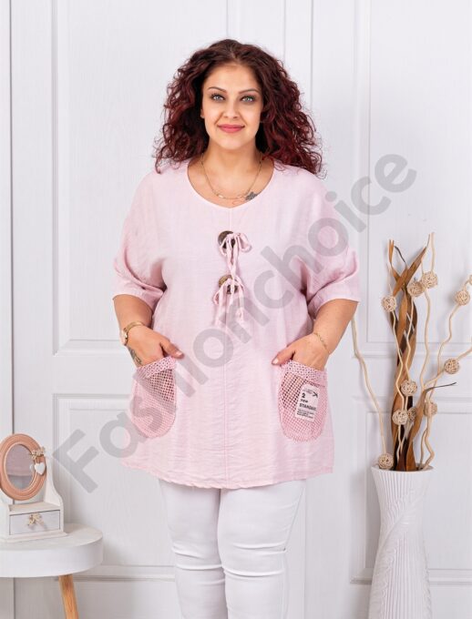 Tunica maxi cu nasturi decorativi din lemn si accente din plasa-pudra cod 9828-1