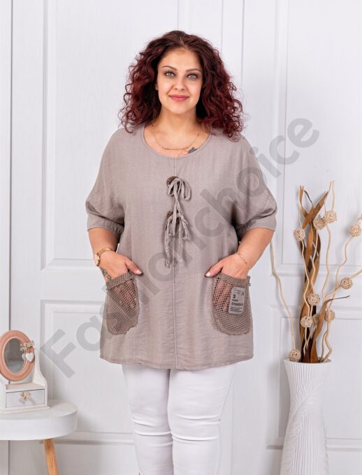 Tunica maxi cu nasturi decorativi din lemn si accente din plasa-moca cod 9828-3