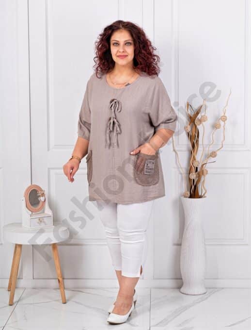 Tunica maxi cu nasturi decorativi din lemn si accente din plasa-moca cod 9828-3