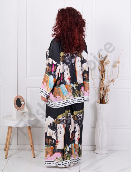 Compleu maxi tunica si pantalon cu imprimeu de arta-negru cod 24491