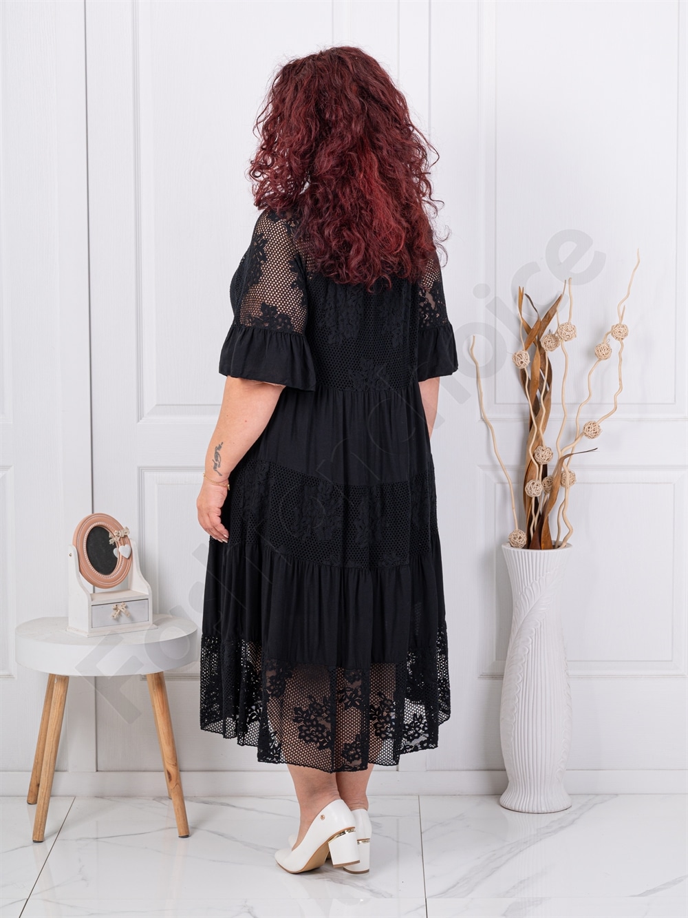 Rochie maxi pentru vara cu volane si dantela-negru cod 5003