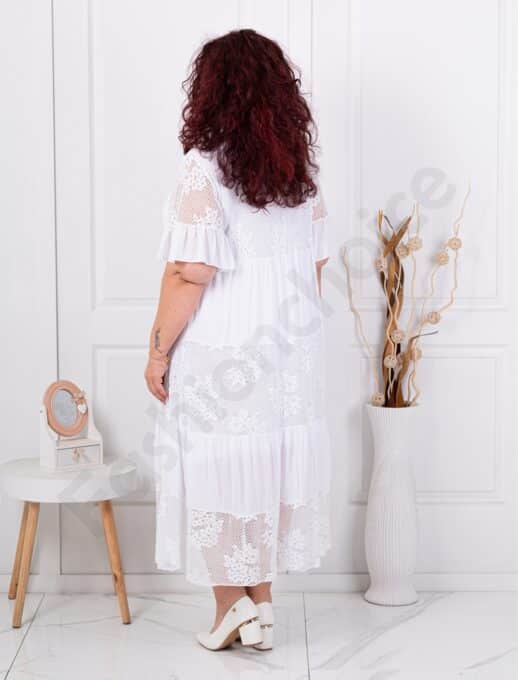 Rochie maxi cu volane si dantela Brussel-alb cod 5048-4
