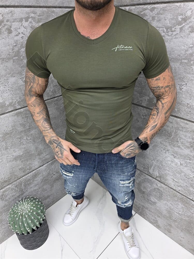 Tricou barbati Slim fit cu decolteu in forma V si imprimeu mica-kaki cod 262012-7