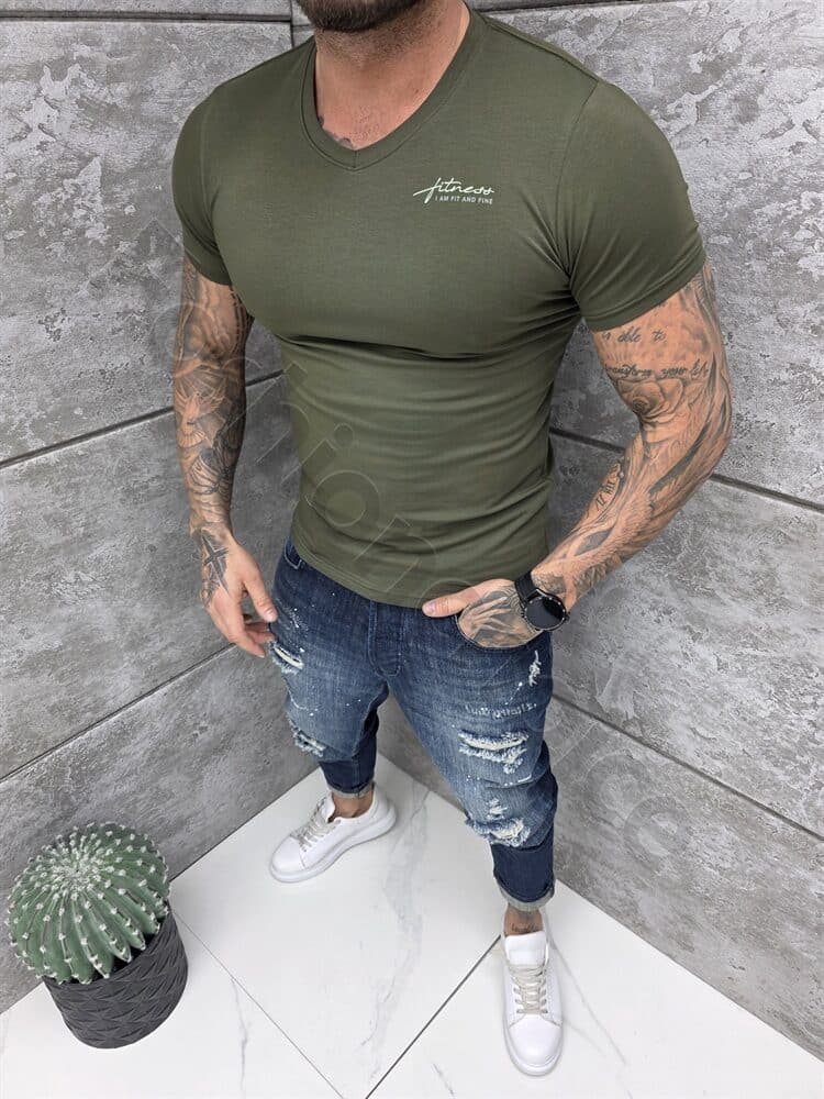 Tricou barbati Slim fit cu decolteu in forma V si imprimeu mica-kaki cod 262012-7