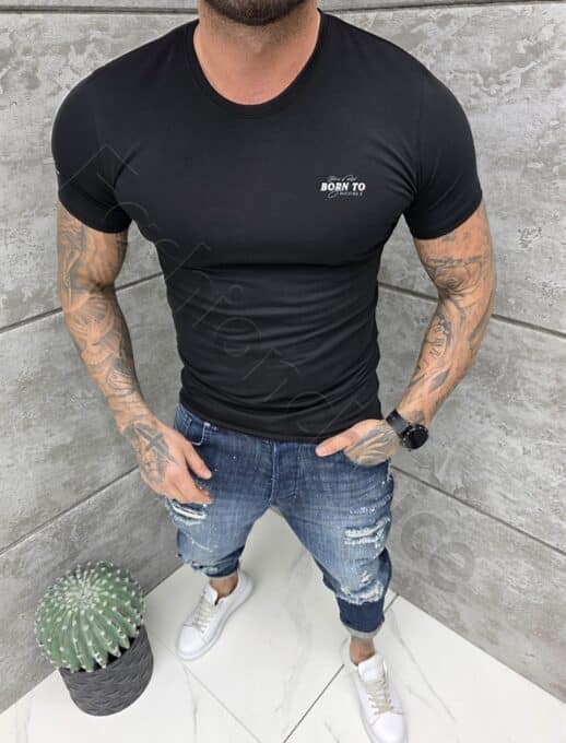 Tricou barbati Slim fit cu decolteu rotund si imprimeu mica-negru cod 261009