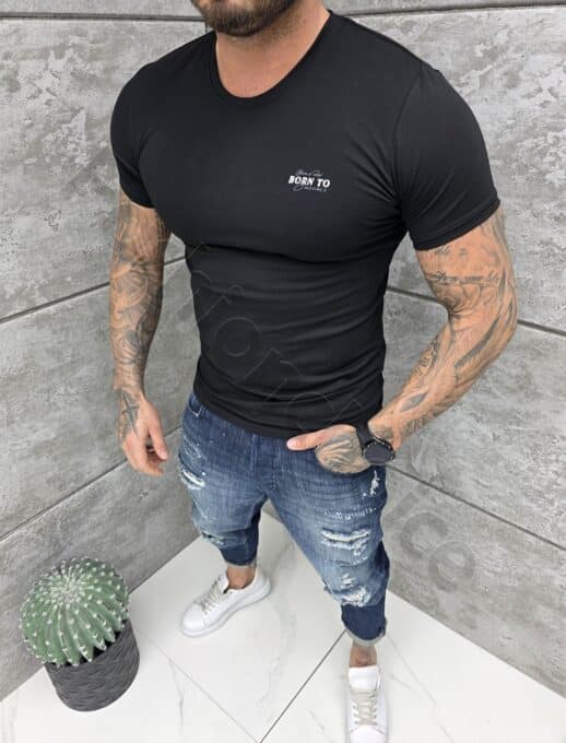 Tricou barbati Slim fit cu decolteu rotund si imprimeu mica-negru cod 261009