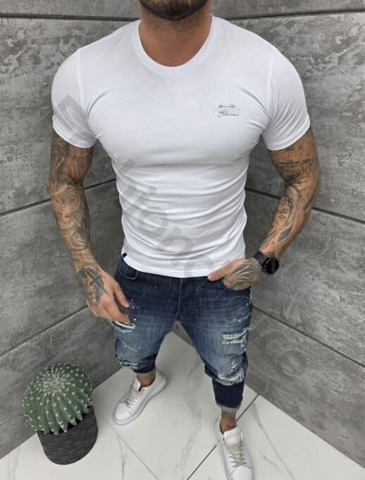 Tricou barbati Slim fit cu decolteu rotund si imprimeu mica-alb cod 261009-1