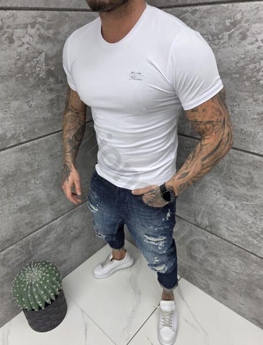 Tricou barbati Slim fit cu decolteu rotund si imprimeu mica-alb cod 261009-1