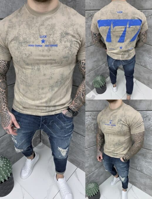 Tricou barbati cu inscris LUCK si imprimeu pe spate-bej cod 25171-1