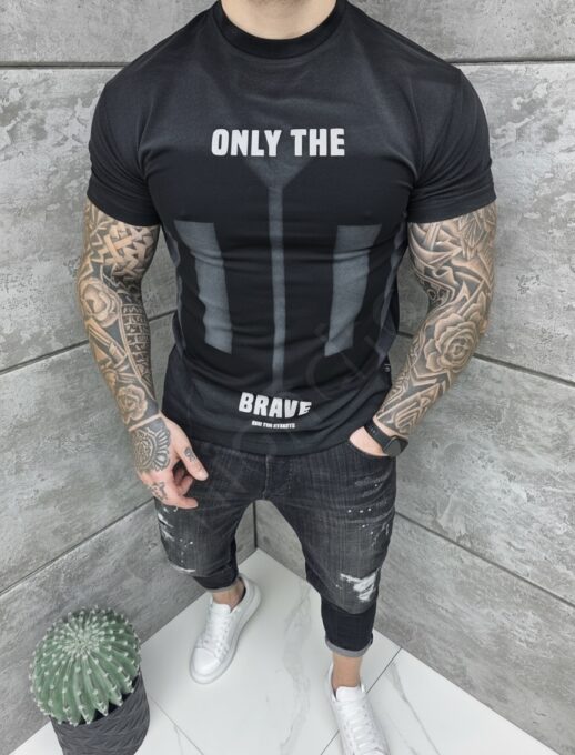 Tricou barbati cu inscris Only the brave si imprimeu pe spate-negru cod 2576