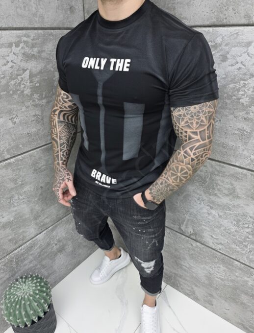 Tricou barbati cu inscris Only the brave si imprimeu pe spate-negru cod 2576
