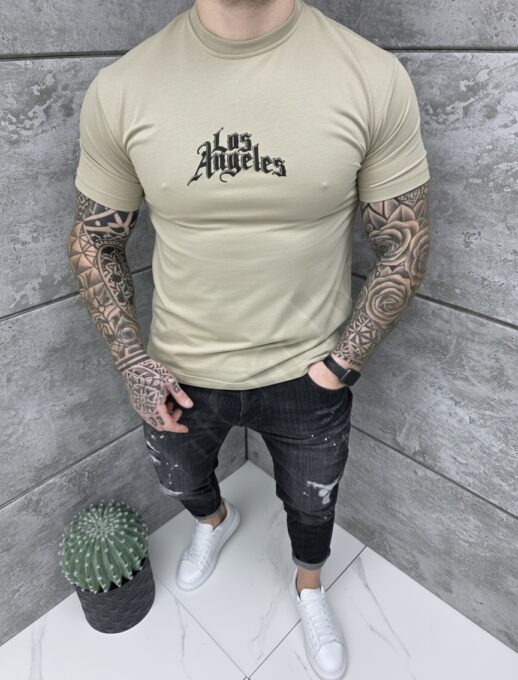 Tricou barbati cu inscris cauciucat Los Angeles-bej cod 26161-4