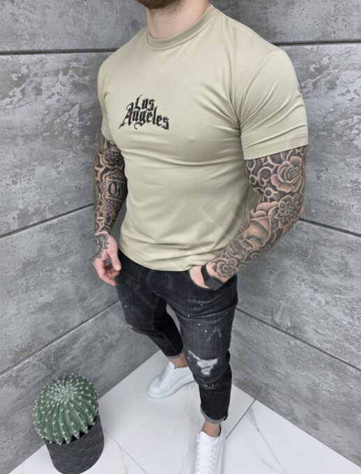 Tricou barbati cu inscris cauciucat Los Angeles-bej cod 26161-4
