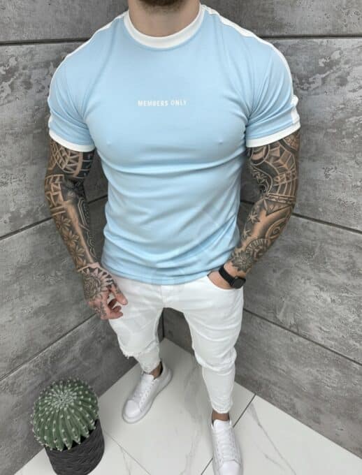 Tricou barbati cu inscris brodat Members only-albastru deschis cod 26169-1