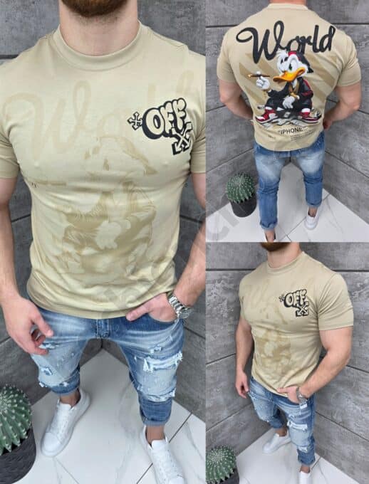 Tricou barbati cu sublimare Donald Duck si imprimeu pe spate-bej cod 309-1