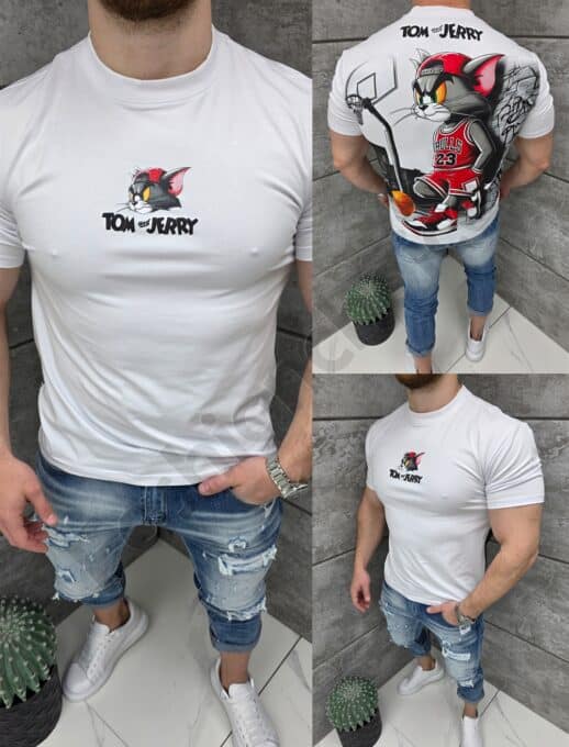 Tricou barbati cu inscris TOM and JERRY si imprimeu pe spate-alb cod 2325-1