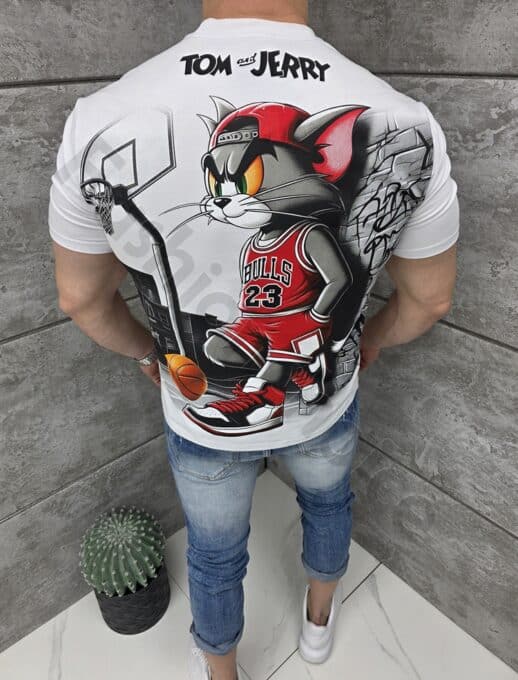 Tricou barbati cu inscris TOM and JERRY si imprimeu pe spate-alb cod 2325-1