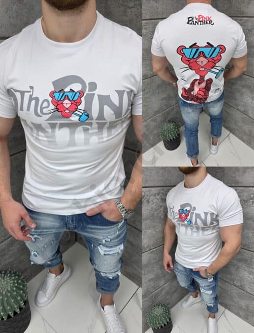 Tricou barbati cu imprimeu Pink Panther cu ochelari și o pipă-alb cod 2068-1