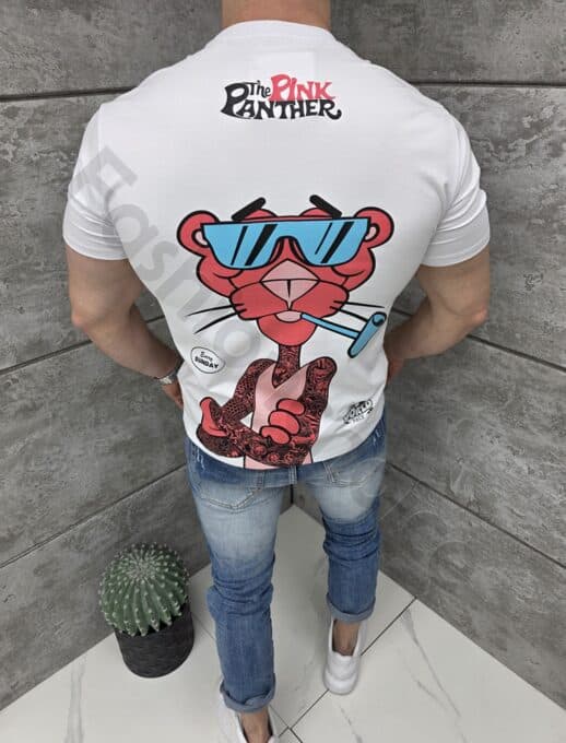 Tricou barbati cu imprimeu Pink Panther cu ochelari și o pipă-alb cod 2068-1