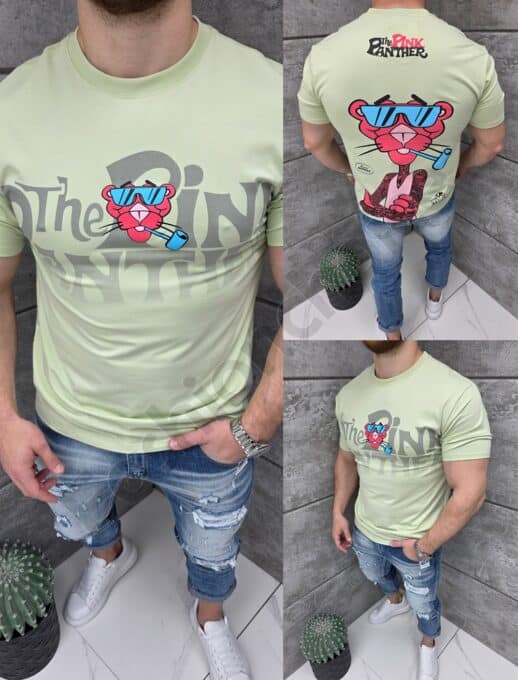 Tricou barbati cu imprimeu Pink Panther cu ochelari și o pipă-verde deschis cod 2068-2