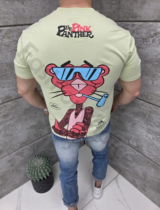 Tricou barbati cu imprimeu Pink Panther cu ochelari și o pipă-verde deschis cod 2068-2