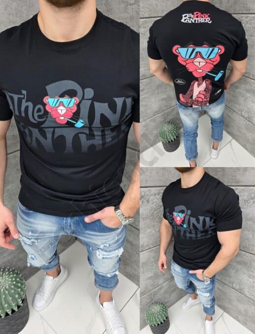 Tricou barbati cu imprimeu Pink Panther cu ochelari și o pipă-negru cod 2068