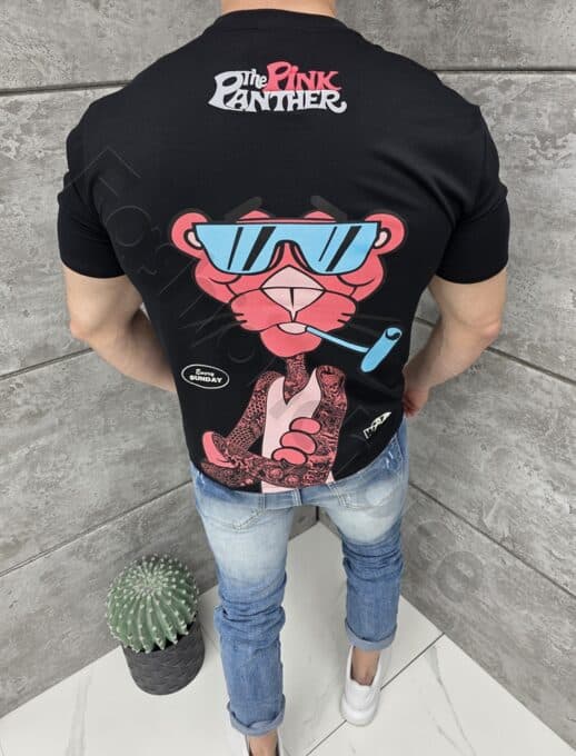 Tricou barbati cu imprimeu Pink Panther cu ochelari și o pipă-negru cod 2068