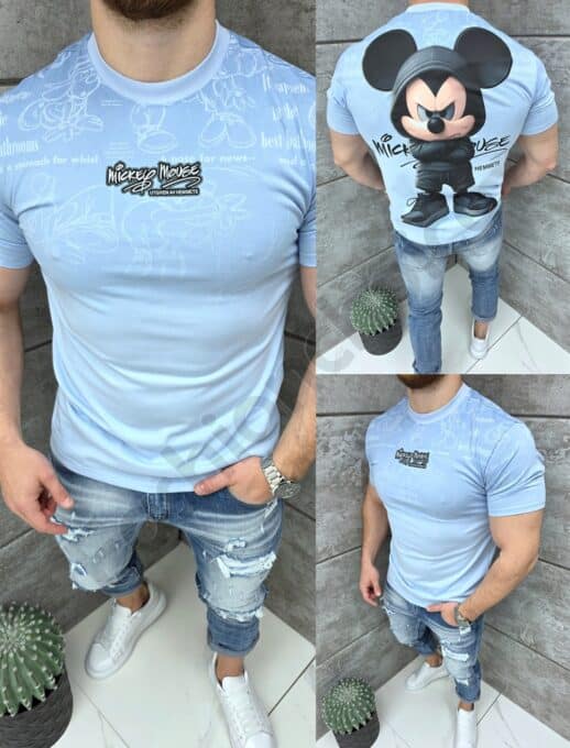Tricou barbati cu aplicatie MICKEY MOUSE si imprimeu pe spate-albastru cod 413-2